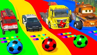 Flatbed Trailer Transportation Truck Rescue Bus - Cars vs Slide Colors - BeamNg Drive
