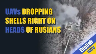 Ukrainian UAVs dropping shells on Russian tanks near Bakhmut