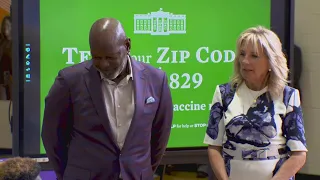 First Lady Jill Biden, Emmitt Smith help push vaccination effort at Dallas high school