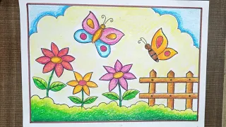 garden drawing// garden scenery drawing// flower garden drawing// butterfly in the garden drawing