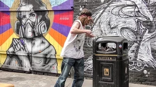 Amazing Drummer Plays Light Poles and Garbage Bins. London Street Music in Brick Lane