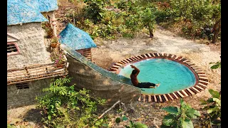 Build Two Story Beautiful Mud House And Build Swimming Pool With Water Slide In Front Of House -full