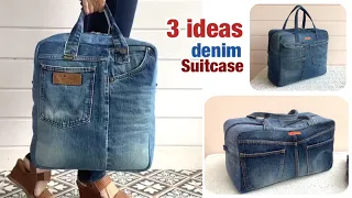 3 ideas denim suitcase from old jeans , old jeans reuse ideas , denim travel bag from old jeans.