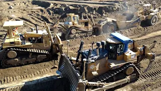 CAT D10N and D9L Dozers pushing 651B  scrapers - D10T ripping rock and dirt