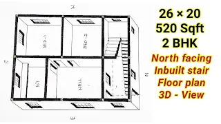 26 × 20 North facing house plan | 26 x 20 Floor plan | 2BHK in 520 sq ft | Compact house plan
