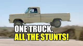 Stunt car chase scene using only one stock Ford pickup truck.