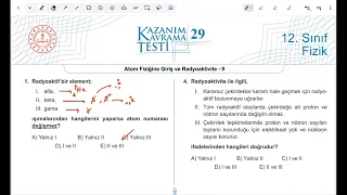 Test-29 - Atom Fiziği ve Radyoaktivite ( Meb Kazanım Kavrama Testi- 12. Sınıf - KK-29)