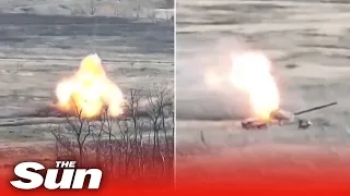 Ukrainian Battalion destroys Russian tank with pin point accurate artillery strike