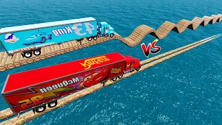 Mack Truck Vs Dinoco Truck Vs Parallel Log Bridge Vs Wave bridge Vs Deepwater - BeamNG.Drive