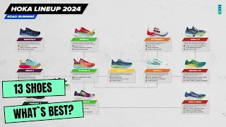 Hoka Road Running Shoes Lineup 2024. Comparison of 13 models.