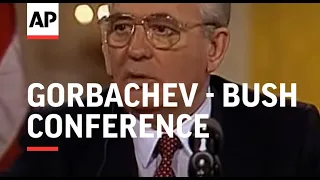 Pres. George H.W. Bush and Soviet Union leader Mikhail Gorbachev hold their final news conferenc