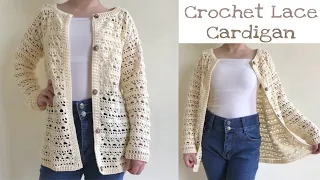 Crochet Cardigan | How to crochet Lace Crew Neck Summer Cardigan with buttons Part 1