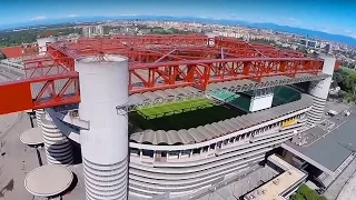 San Siro football stadium drone flight - Milan. AC Milan Inter Milan