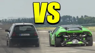 630HP VW GOLF 3 VR6 Turbo (SLEEPER) vs 1000HP Lamborghini Huracan Twin Turbo - DRAG RACE!