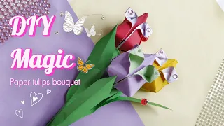 DIY origami tulip|Tutorial| How to make paper tulip bouquet|Easy origami tulip flower|No glue 🌷