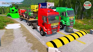 Double Flatbed Trailer Truck vs speed bumps|Busses vs speed bumps|Beamng Drive|475
