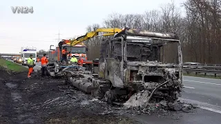 VN24 - Burnt-out MAN truck is recovered on the A2 highway near Hamm