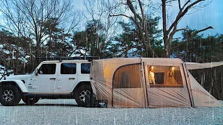 Solo camping in the rain cozy car tent in a rural village