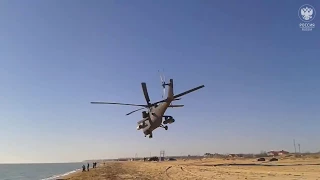 Russia. Russian military helicopters fly into Crimea. Spring 2014.