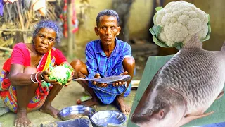 rural poor cauple cooking FISH CURRY with CAULIFLOWER and eating with hot rice | actual village life