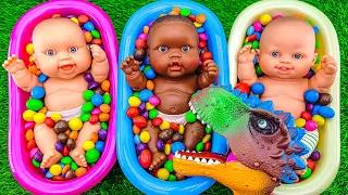 Satisfying Slime | M&Ms & Skittles So Relaxing Mixing Candy ASMR with Dinosaur in Rainbow Bathtubs