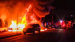 LAFD Massive Homeless Encampment Fire Destroys Car (South Los Angeles)