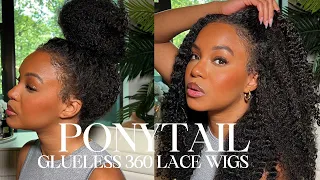 NATURAL EDGES HAIRLINE & NAPE!  PONYTAIL KINKY CURLY 360 GLUELESS WIG LOOKS SO REAL!