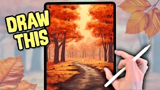 DRAW A FALL AUTUMN WOODLAND - Procreate landscape drawing tutorial