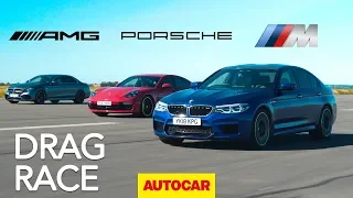 Drag race: BMW M5 v Mercedes-AMG E63 S v Porsche Panamera Turbo S E-Hybrid | Autocar