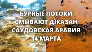 В Саудовской Аравии потоки воды смывают город Джазан в пустыне