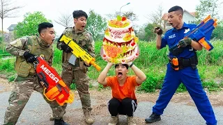 Battle Nerf War: Boss's Birthday & Blue Police Nerf Guns Robbers Group Brother BIRTHDAY CAKE BATTLE