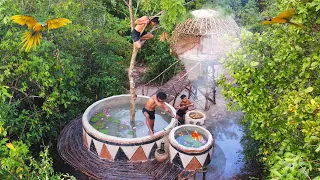 build natural swimming pool front of the tree house villa and swimming in the rain with foods