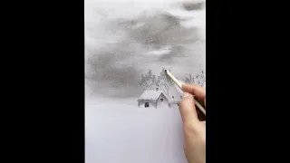 Whispers of Birch: Beginner's Guide to Drawing a Winter Cottage in Graphite and Charcoal