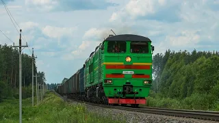 Locomotive 2TE10U-0185 with freight train passing station Jumprava.