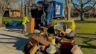 LRS Mack MR Leach Rear Loader Garbage Truck Packing a MASSIVE Bulk Waste Pile