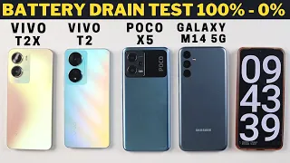 Samsung Galaxy M14 vs Vivo T2x 5G vs Vivo T2 5G vs Poco X5 Battery Drain Test Comparison 100% - 0%