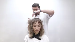 Tutorial on Wavy Hair Cut with Alternating Strand Cutting and a Creative Bangs