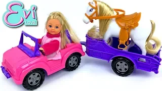 UNBOXING EVI LOVE HORSE AND TRAILER PLAYSET - EVI GOES JUMPING AND TRICK RIDING ON HER PLAYFUL PONY