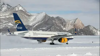 Incredible flight to Antarctica / A large plane lands on the ice.