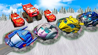 Mega pits with Transformers and Pixar Cars Vs Big & Small Lightning McQueen! BeamNG Drive Battle!