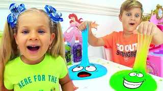 Diana y Roma juegan con slimes y hacen slime gigante.Video divertido para niños.