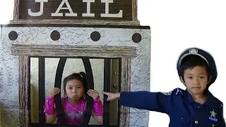 Kid Pretend Play as Cop LOCKED UP sister in pretend jail / Costume for Kids and children video