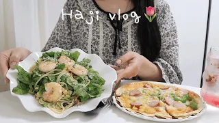 [eng] 자취브이로그🌭| 왕만두🥟에 비빔국수 해먹고, 삼겹살 김치찜, 샐러드 파스타🥗, 2월에도 잘 챙겨먹는 자취일기, 아메리칸 핫도그🌭, 라이스페이퍼 계란말이