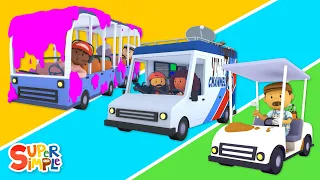 Fire Truck, Train, Golf Cart, and Space Shuttle go to Carl's Car Wash! | Cartoons for Kids