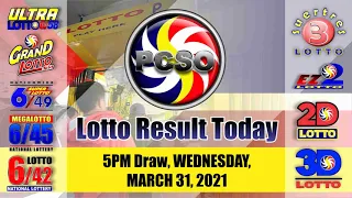 Swertres|3D and EZ2|2D Lotto 5PM Draw, Thursday, March 31, 2021