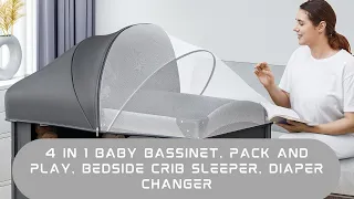 4 in 1 Baby Bassinet, Pack and Play, Bedside Crib Sleeper, Diaper Changer - Comes with Mattress,Grey