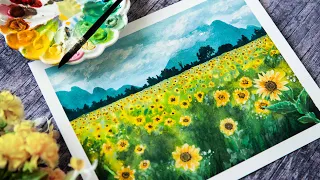 Watercolor & Gouache Tutorial | Sunflower Field 🌻