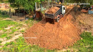 Amazing Activity Dump Truck Unloading Dirt At Deep Slop And Dozer Working Moving Dirt To Slop