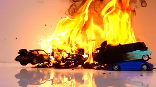 Model Car Scrapyard Catches Fire + Crash - Slow Motion