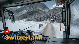 🇨🇭 Switzerland - Rainy and Snowy Bus Drive Down to Mountain Village 4K